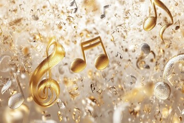 Fototapete - Golden and silver musical notes floating in a sparkling background during a festive celebration