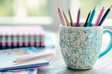 Poster - Creative workspace with colorful pencils in a decorative mug beside notebooks and a pen on a wooden table