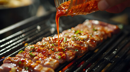 Wall Mural - A vibrant garlic and chili sauce being poured over grilled meat for an intense flavor.