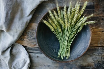 Poster - Freshly harvested wheat ears arranged in a rustic bowl on a wooden surface with natural linen fabric nearby