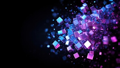 Poster - Exploding Cubes: A Dynamic 3D Abstract Art Visual of Purple and Blue Shiny Blocks Moving in Dark Space, Showing  Neon Glowing Effects.