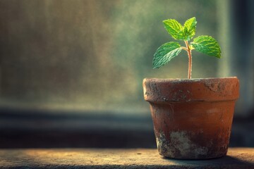 Poster - Fresh mint plant grows in a rustic pot by a sunlit window in a cozy indoor space