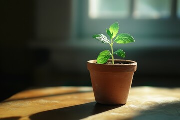 Aufkleber - Small green plant in a terracotta pot on a wooden table, illuminated by soft sunlight coming through a window