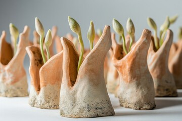 Poster - Unique ceramic planters display growing sprouts in a contemporary indoor setting