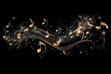 Fototapete - Vibrant musical notes flowing in a dynamic wave against a dark background
