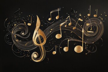 Fototapete - Elegant gold musical notes swirl against a dark background creating a captivating visual melody
