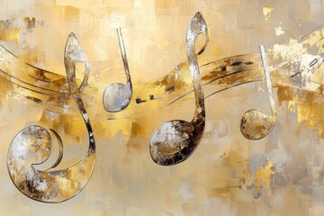 Fototapete - Metallic musical notes create a striking visual on a textured golden background, showcasing art that celebrates music and rhythm