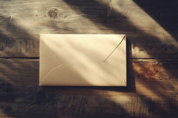 Aufkleber - Brown envelope rests on a rustic wooden table, with soft sunlight casting gentle shadows in the afternoon