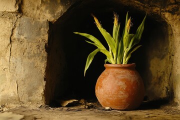 Aufkleber - Ceramic pot with vibrant green plants displayed in a rustic setting by a stone wall