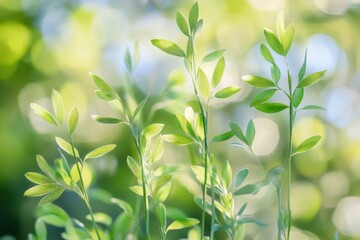 Poster - Fresh green leaves illuminated by soft sunlight in a serene garden setting during springtime