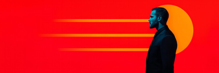 Poster - A sleek silhouette wearing a suit adorned with sharp, angular motifs in high-contrast colors, with