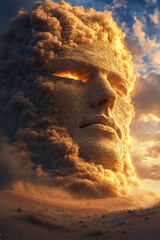Poster - An ethereal scene of a grand mask propped against a windswept dune, golden rays accentuating the