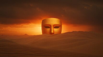 Aufkleber - A tranquil desert sunset framing a golden mask resting atop a small dune, faint gusts of sand