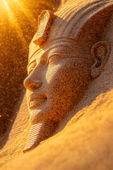 Poster - A portrait-style capture of the pharaohâ€™s face, the mask gleaming in the last rays of sun, subtle