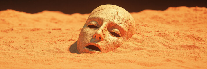 Poster - An ancient, sepia-toned view of a golden mask lying on the desert surface, gentle winds forming