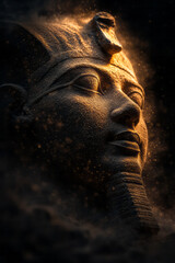 Poster - A portrait-style capture of the pharaohâ€™s face, the mask gleaming in the last rays of sun, subtle