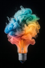 Poster - A stylized angle of a glowing, white-hot bulb, erupting with an explosion of vivid paints in blue,
