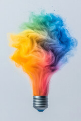 Poster - A stylized angle of a glowing, white-hot bulb, erupting with an explosion of vivid paints in blue,