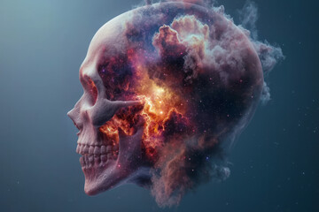 Poster - A striking side profile of a human head with the skull partially transparent, revealing a swirling