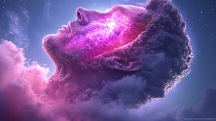Poster - A mesmerizing cosmic kaleidoscope twisting inward, superimposed over a tranquil human head shape,