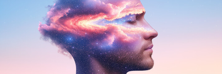 Poster - A dynamic close-up of a face profile with starlit clouds spiraling inward at the temple, fading