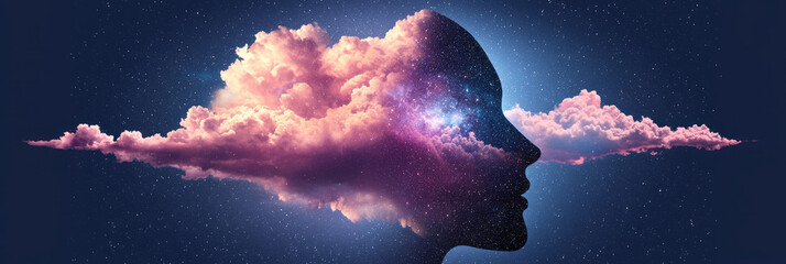 Poster - A dynamic close-up of a face profile with starlit clouds spiraling inward at the temple, fading