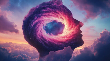 Poster - A mesmerizing cosmic kaleidoscope twisting inward, superimposed over a tranquil human head shape,