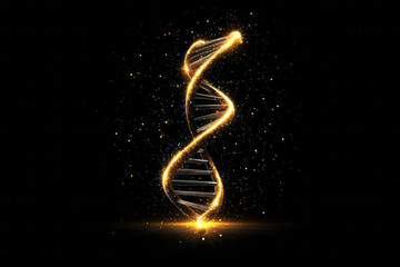 Poster - A luminous, gold-tinted DNA double helix standing out against a dark backdrop, surrounded by a soft