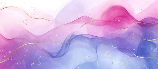 Poster - Abstract Purple Pink Fluid Art Background with Gold Lines and Glitter