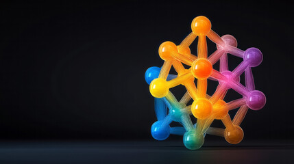 Poster - A prismatic assembly of atoms joined by semi-transparent bonds, bright particles flickering as the