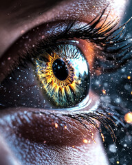 Aufkleber - A tight, high-contrast composition of a large, glowing eye, minuscule details of the iris and a
