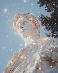 Aufkleber - A monumental statue captured from a low angle, the sky above dotted with constellations that shine