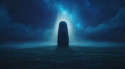Poster - A dramatic night scene where beams of light dance over an ancient stone figure, the celestial
