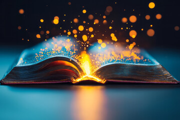 Poster - A centuries-old tome opened to glowing pages, golden sparks gently drifting upward in a softly lit,