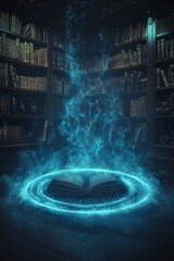 Poster - A mystical library corner with a single book bathed in a subtle halo, arcs of glowing energy