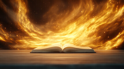 Poster - A rustic wooden desk holding an open spellbook, swirling bands of golden radiance reaching toward