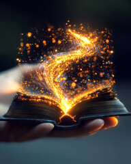 Poster - A fairy-tale composition featuring a grand, gilded tome exuding delicate, sparkling lights and