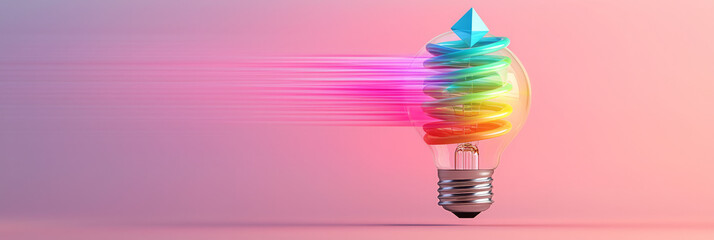 Poster - A light bulb in mid-motion, with neon-hued cubes and pyramids snapping into place inside, rays of