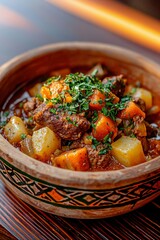 Wall Mural - Savory beef stew with carrots and potatoes served in rustic bowl for restaurant