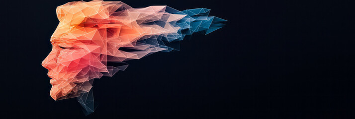 Poster - A minimal black backdrop highlighting a transparent head in which colorful polygons assemble,