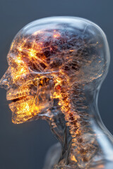 Poster - An X-ray style image of a head stuffed with morphing, glass-like shapes, each prism reflecting neon