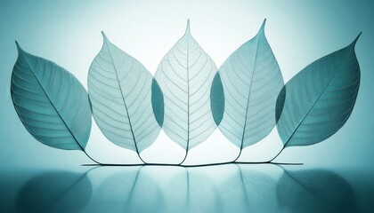Canvas Print - five translucent leaves, minimalist design, turquoise background, delicate lines, bright light