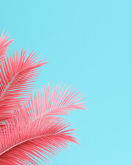 Poster - A minimal approach where palm leaves in hot pink stand out against a contrasting aqua background,