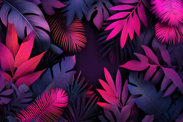 Poster - A flattened, graphic style of palm leaves in bright magenta, popping against a dark cosmic gradient