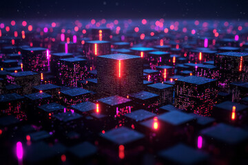 Poster - A sprawling network of neon-lit cubes, each one shifting position while connected by luminous