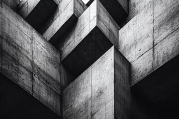 Poster - Abstract architectural composition of intersecting concrete beams in a dramatic grayscale, emphasizing geometric shapes, textures, and the brutalist design aesthetic with strong contrasts.