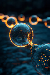 Poster - A sci-fi depiction of merging nanospheres, their surfaces aglow with pulsing lines, releasing