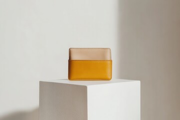 Poster - Stylish cardholder displayed on a minimalist pedestal with soft lighting showcasing its design and colors