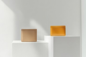 Poster - Stylish leather wallets displayed on minimalist pedestals in a modern setting with soft lighting