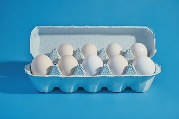 Aufkleber - Fresh white eggs in a light blue carton on a solid background showcasing a modern kitchen aesthetic